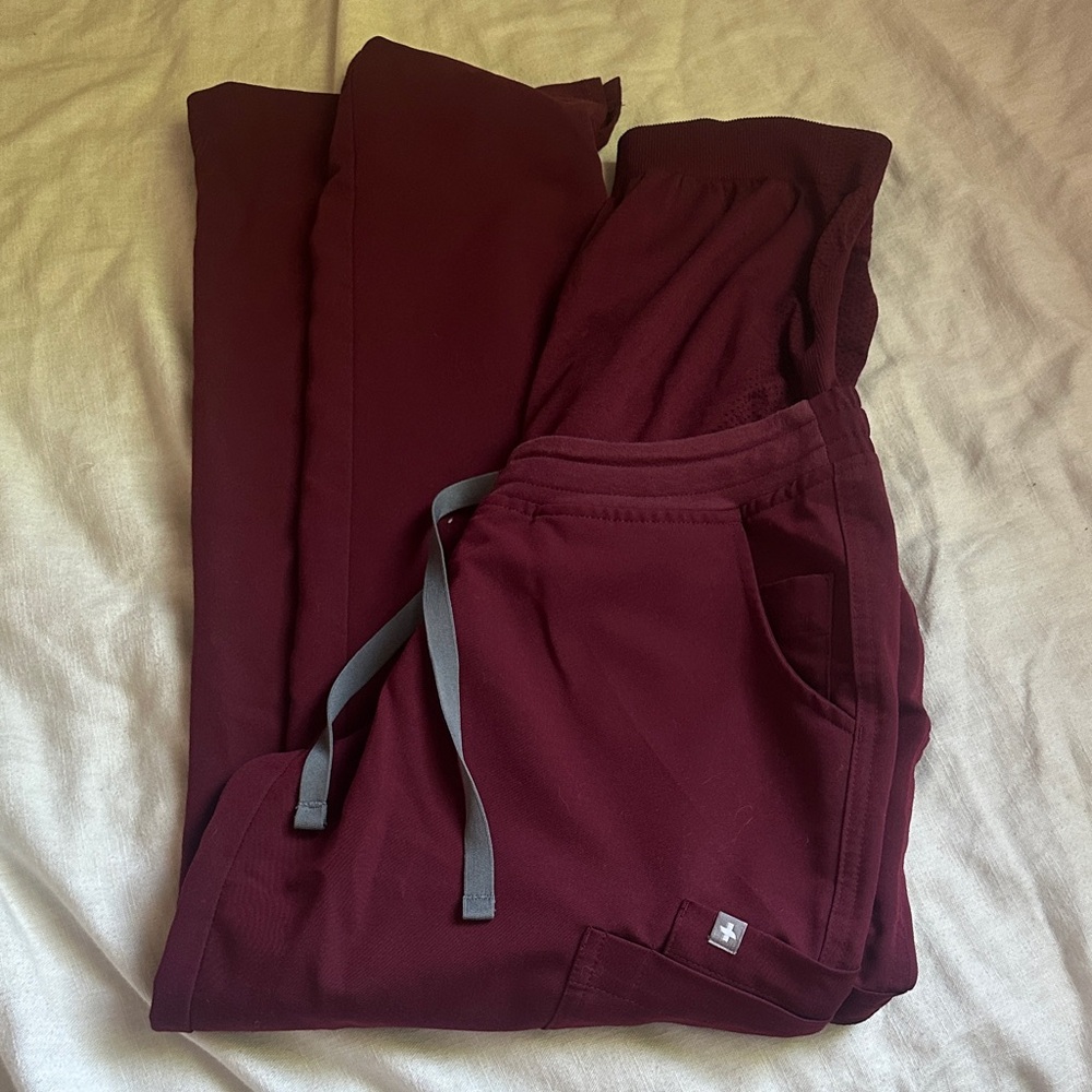 Figs Women's Track Jogger Pants in Burgundy with Gray Drawstrings